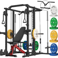 Smith Machine Home Gym, 2100Lbs Smith Rack with Cable Crossover, 800Lbs Weight Bench and 230 Lbs Weight Plate, Home Gym Equipment